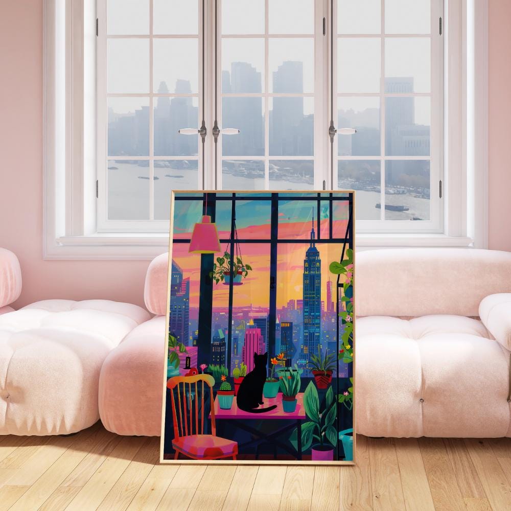 Black Cat NYC Skyline wall art print