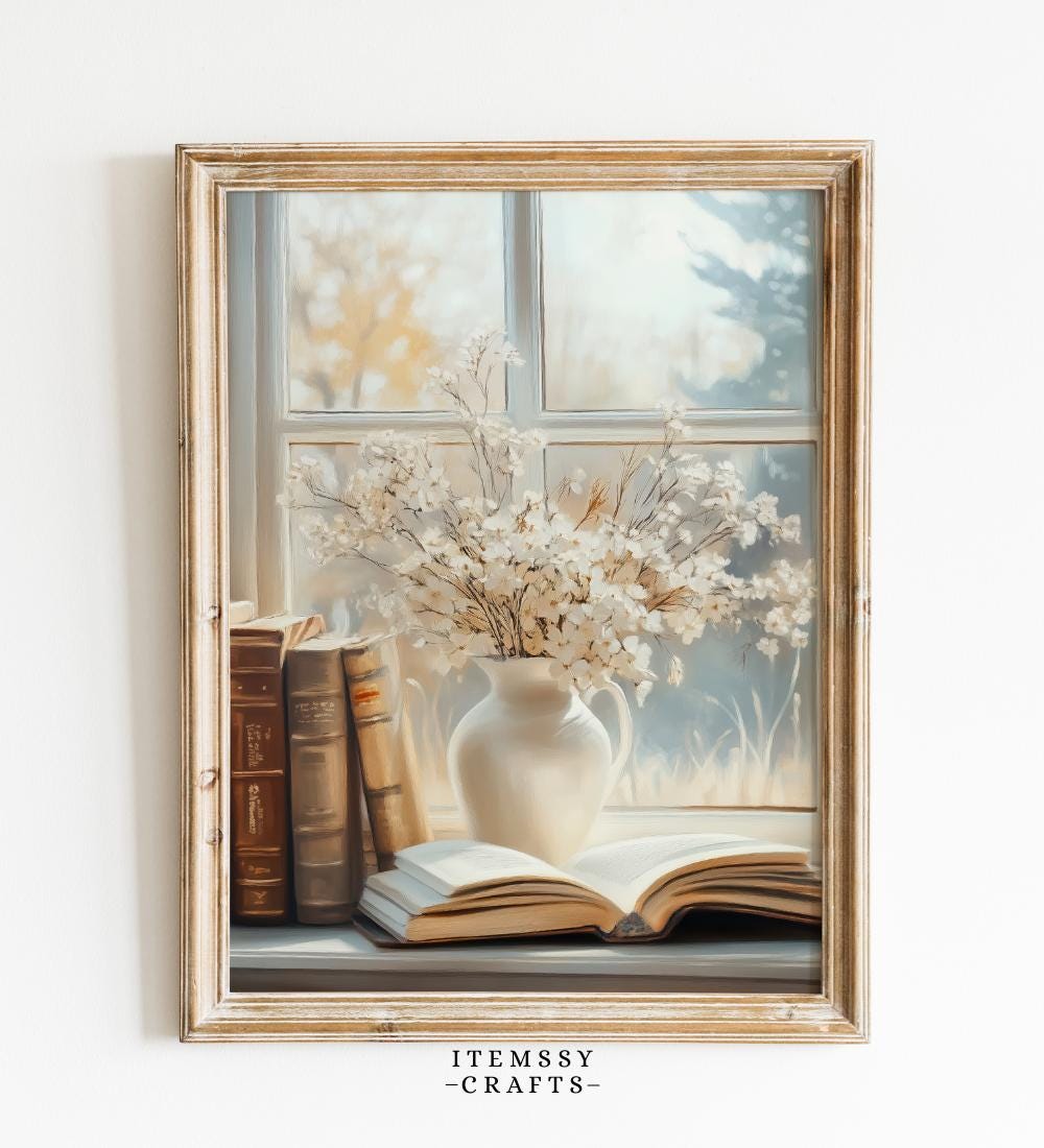 White Floral Vase and Books Window Still Life wall art print