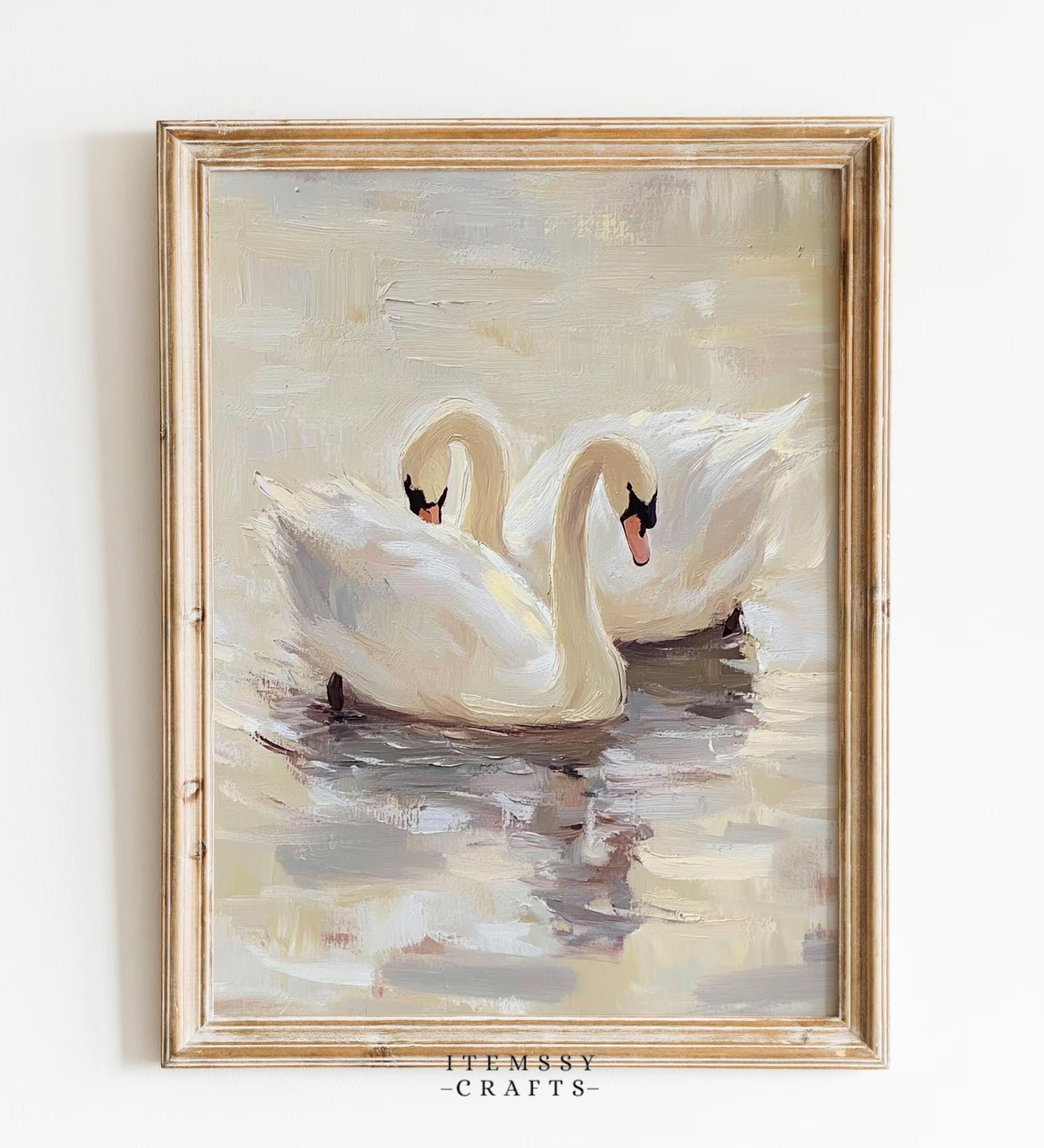White Swan Pair Oil Painting wall art print