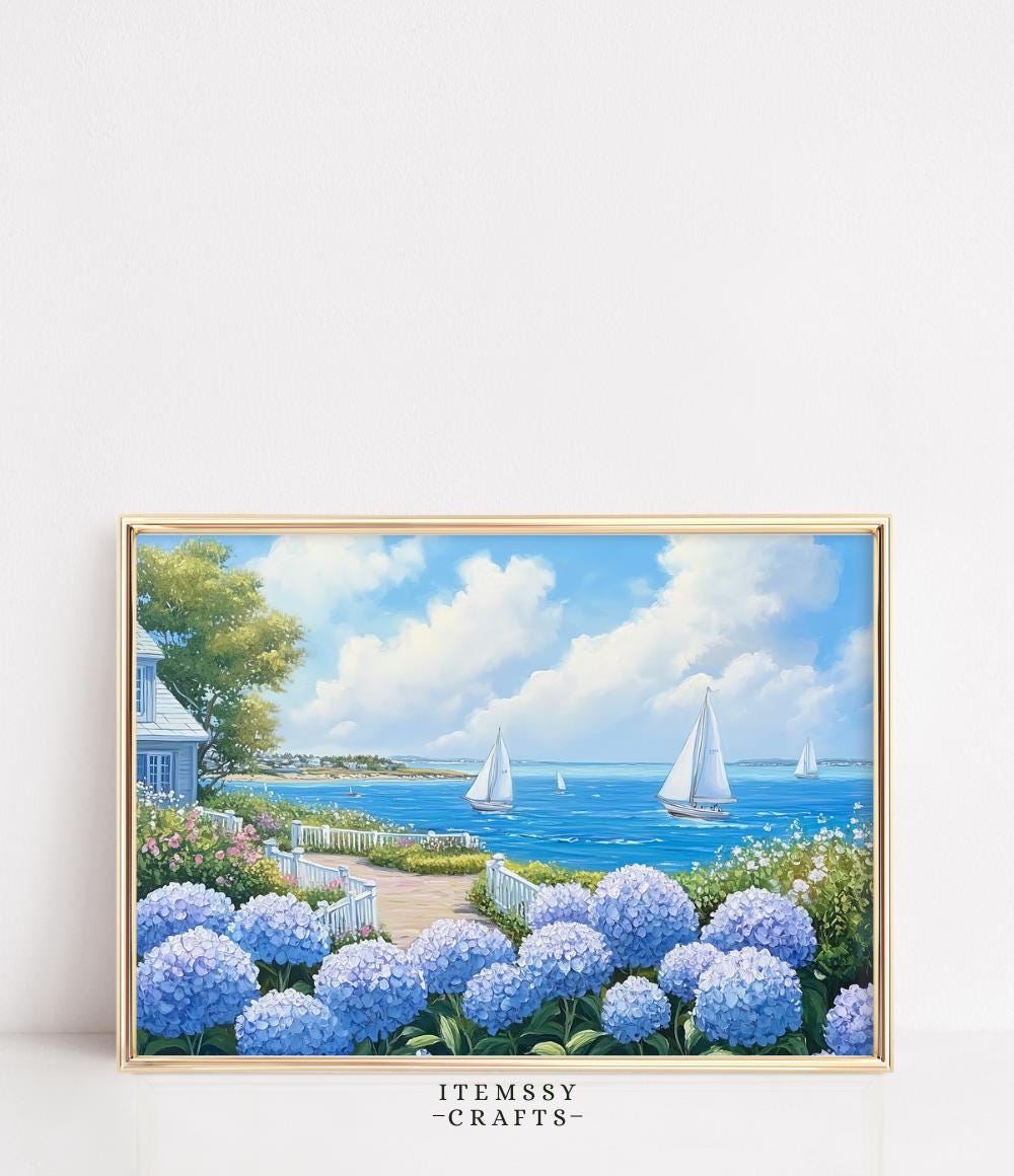 Nantucket Hydrangea Sailboat Coastal Painting wall art print