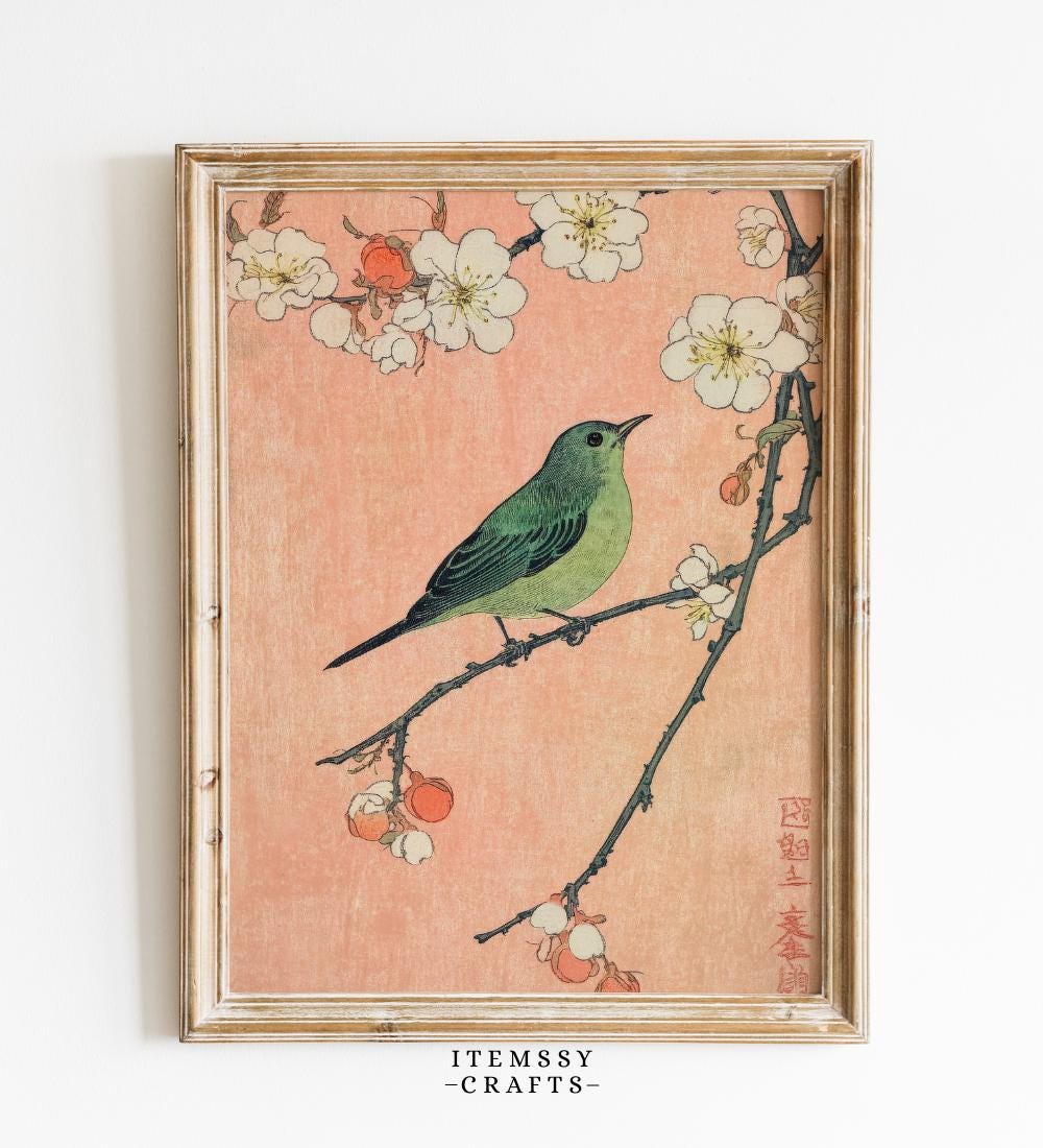 Japanese Bird Cherry Blossom Woodblock wall art print
