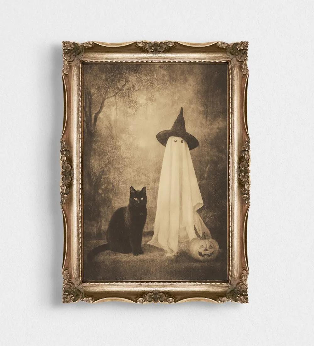 Vintage Halloween Ghost and Black Cat Photography wall art print