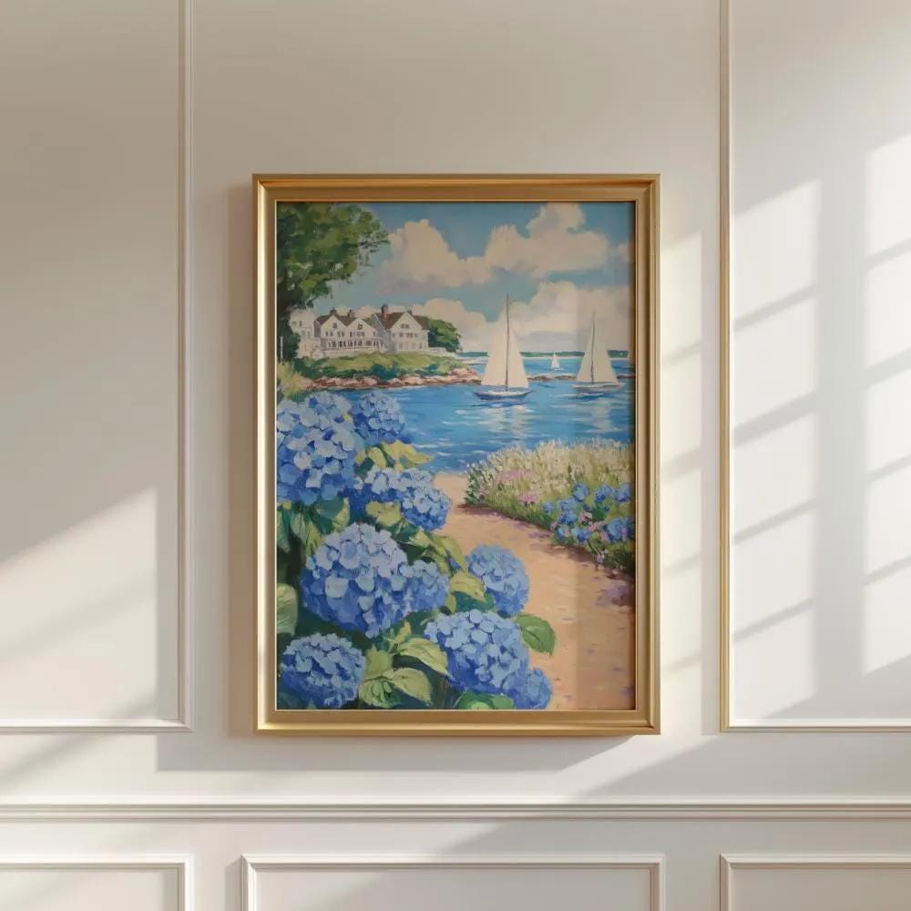 Nantucket Coastal Hydrangea Sailboat Painting wall art print