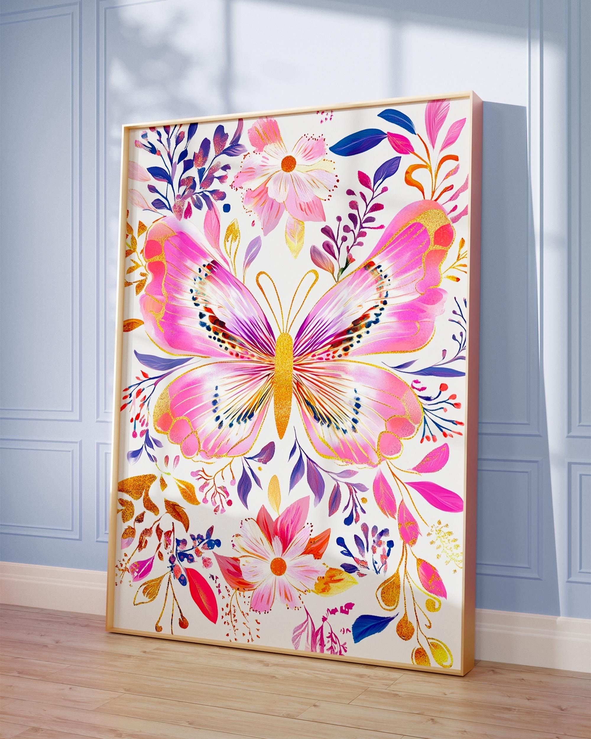 Pink Butterfly Floral Botanical wall art print