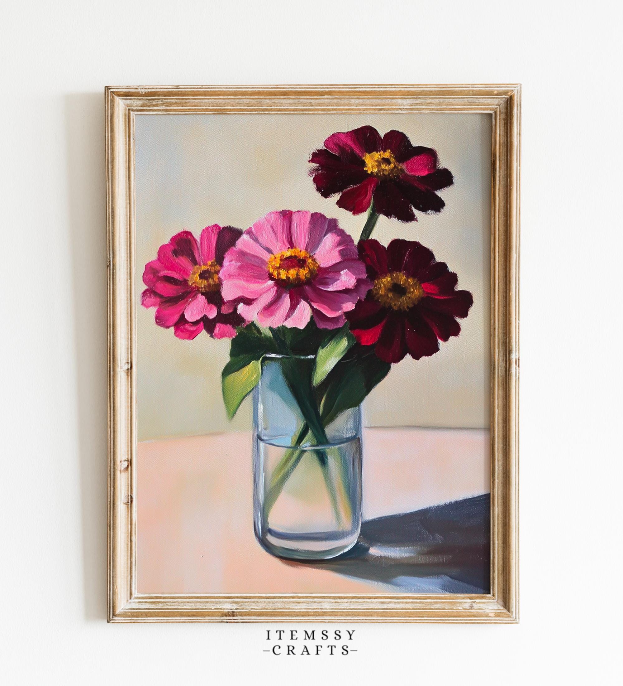 Zinnia Floral Still Life Oil Painting wall art print