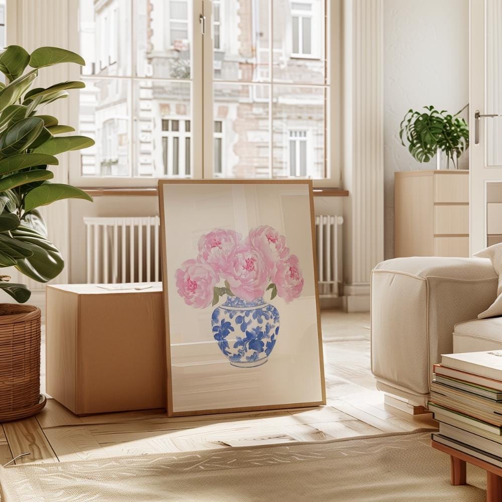 Pink Peony Blue and White Vase wall art print
