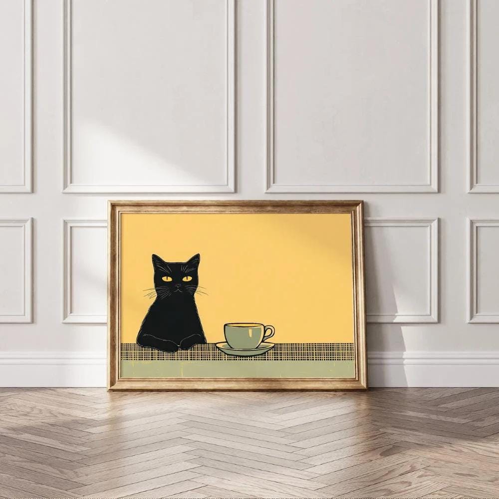 Black Cat and Coffee Cup wall art print
