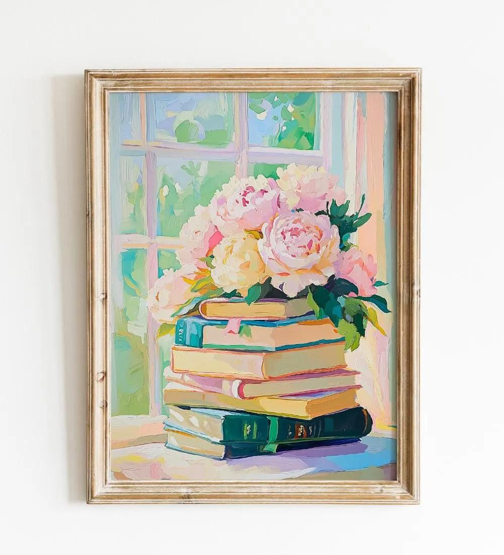 Peonies and Book Stack Painting wall art print