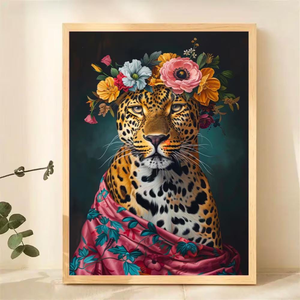 Floral Crown Leopard Portrait Painting wall art print