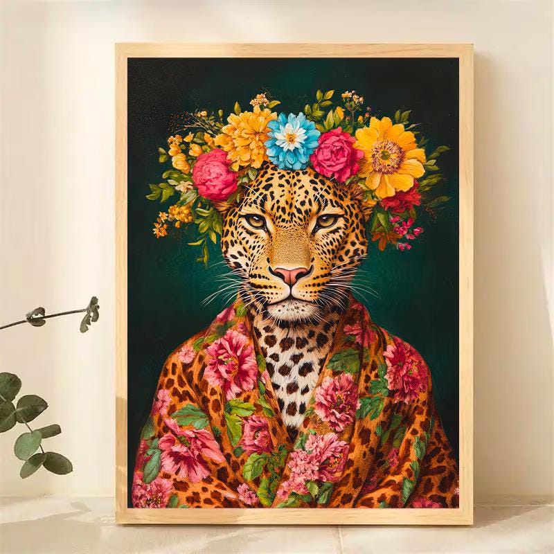 Floral Crown Leopard Portrait Painting wall art print