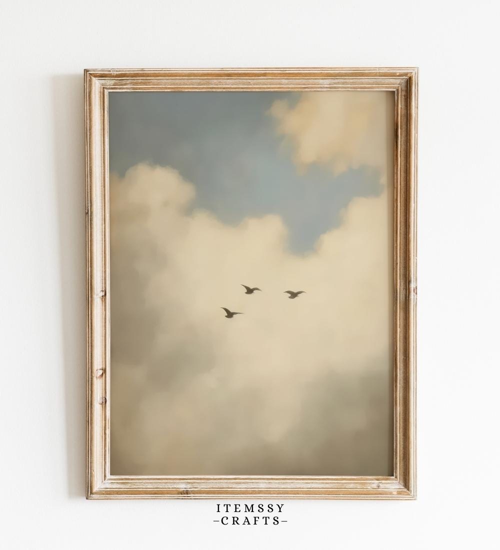 Three Birds in Cloudy Sky Painting wall art print