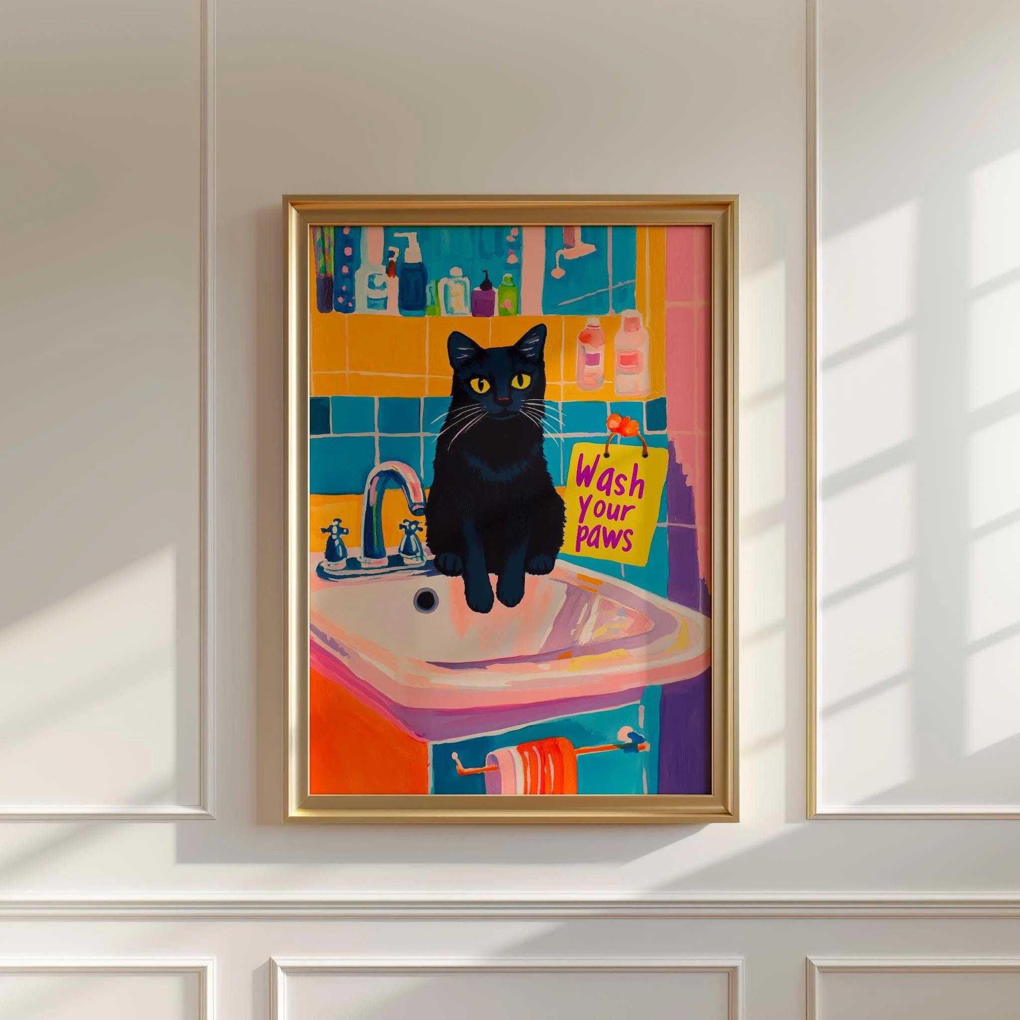 Wash Your Paws Black Cat Bathroom wall art print