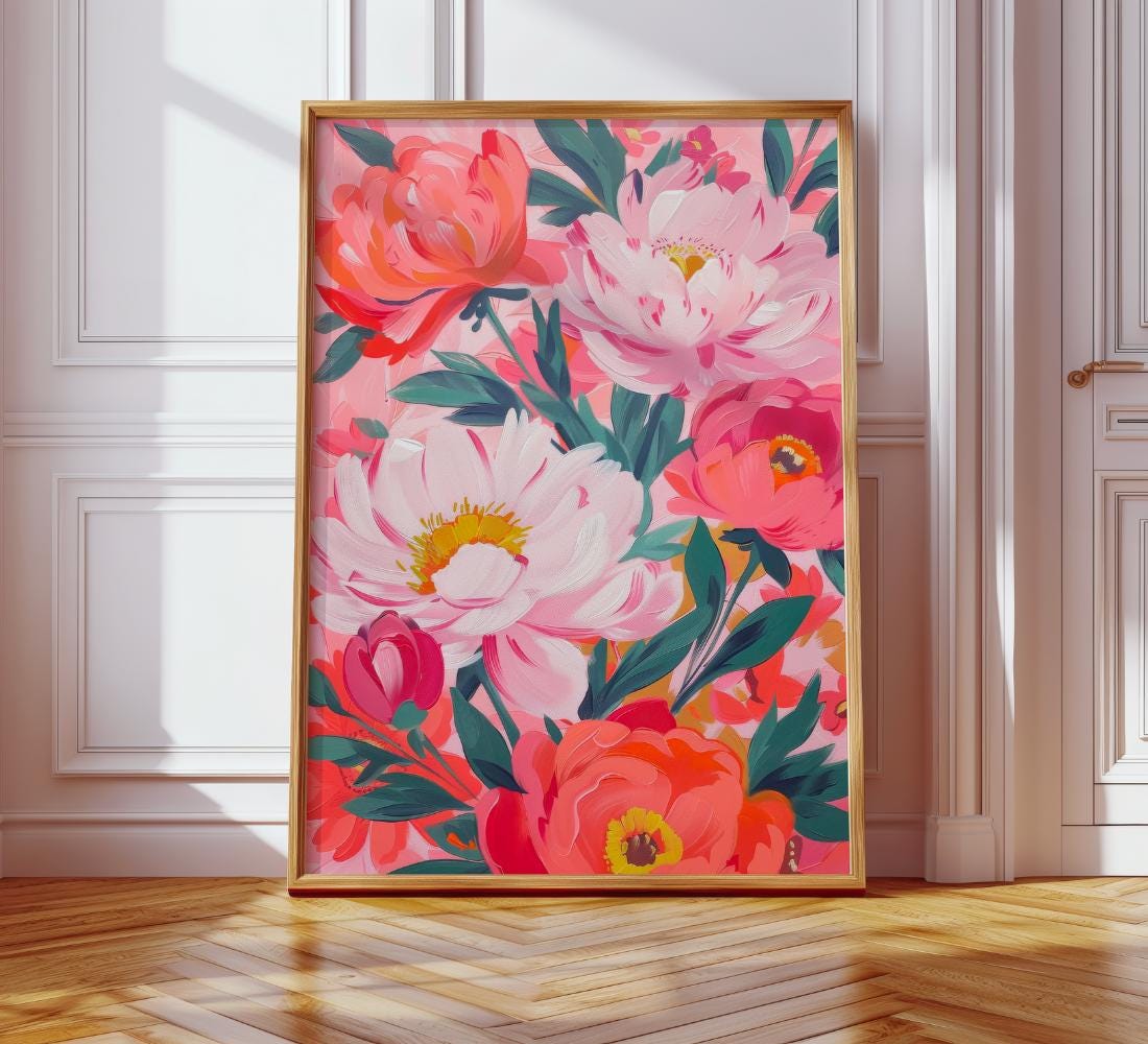 Bold Pink Peony Floral Painting wall art print