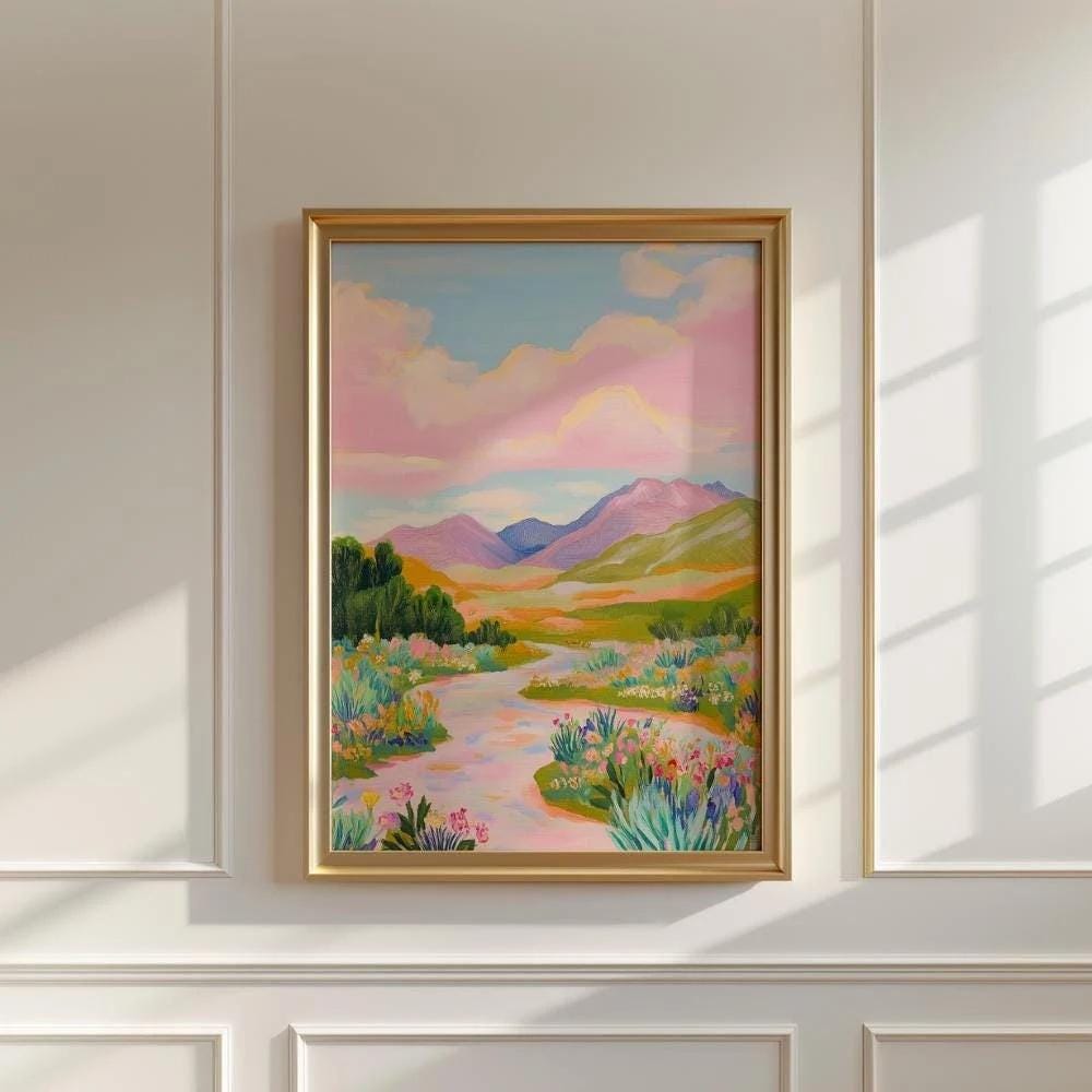 Pastel Mountain River Landscape Painting wall art print