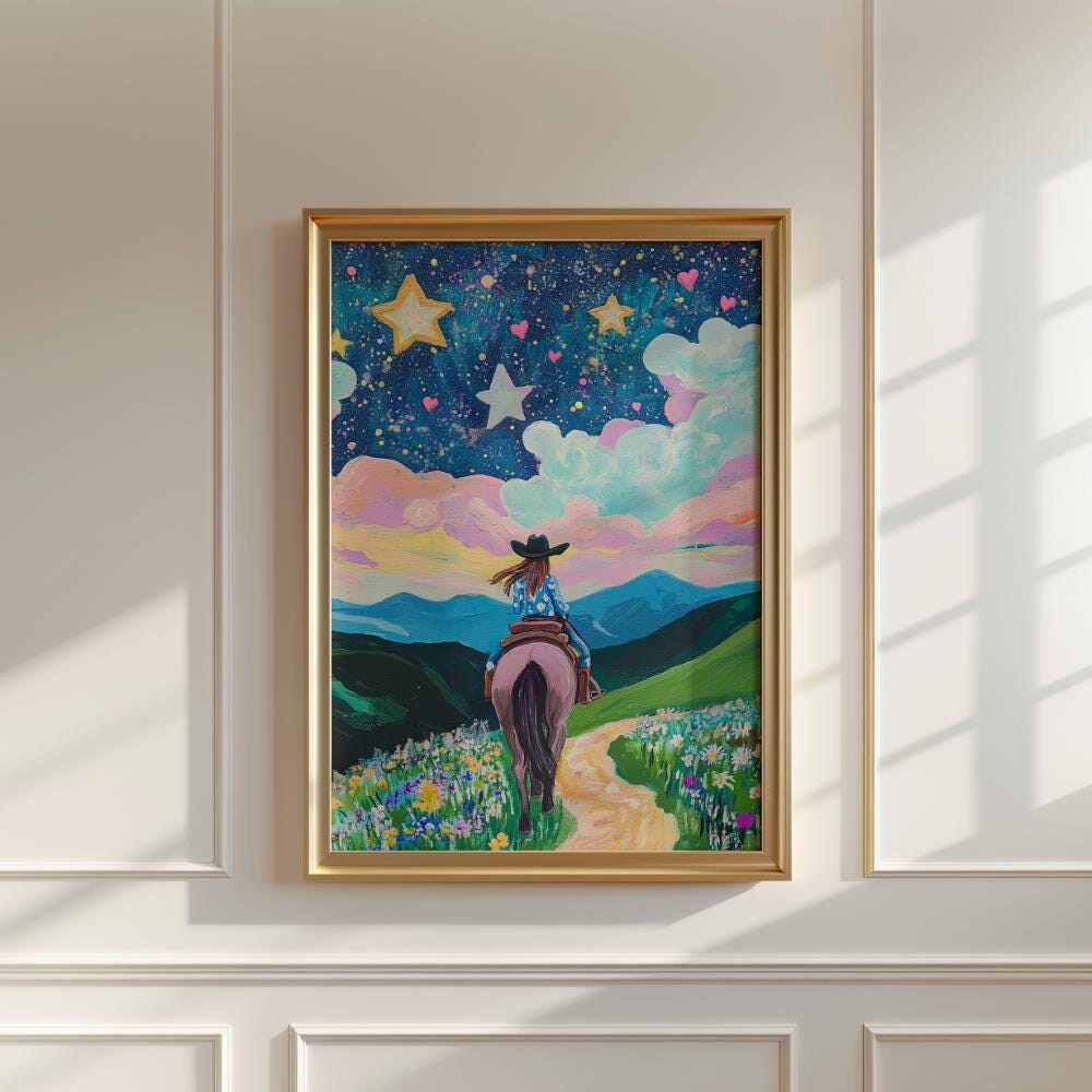 Cowgirl Riding Horse Under Starry Sky Painting wall art print
