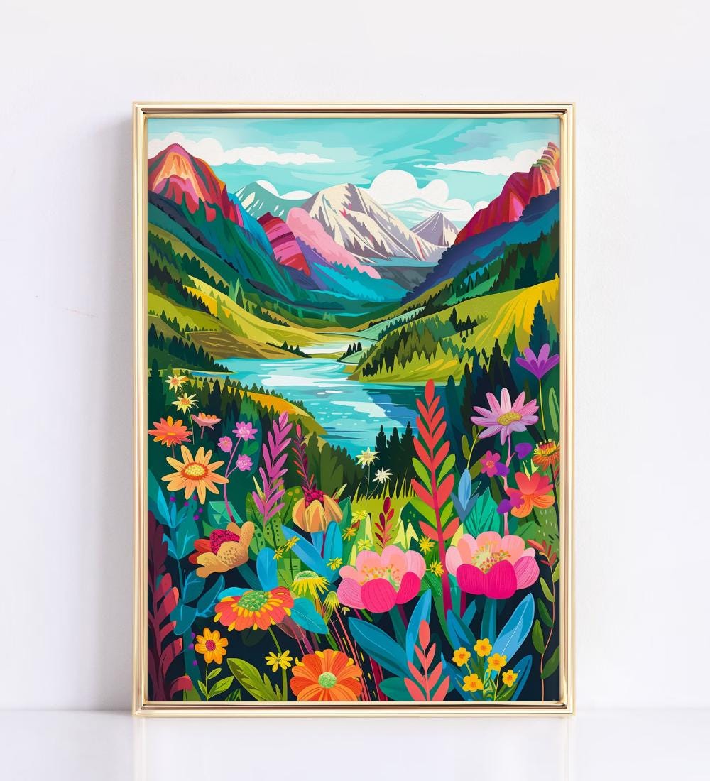 Colorful Mountain Valley Floral Landscape wall art print