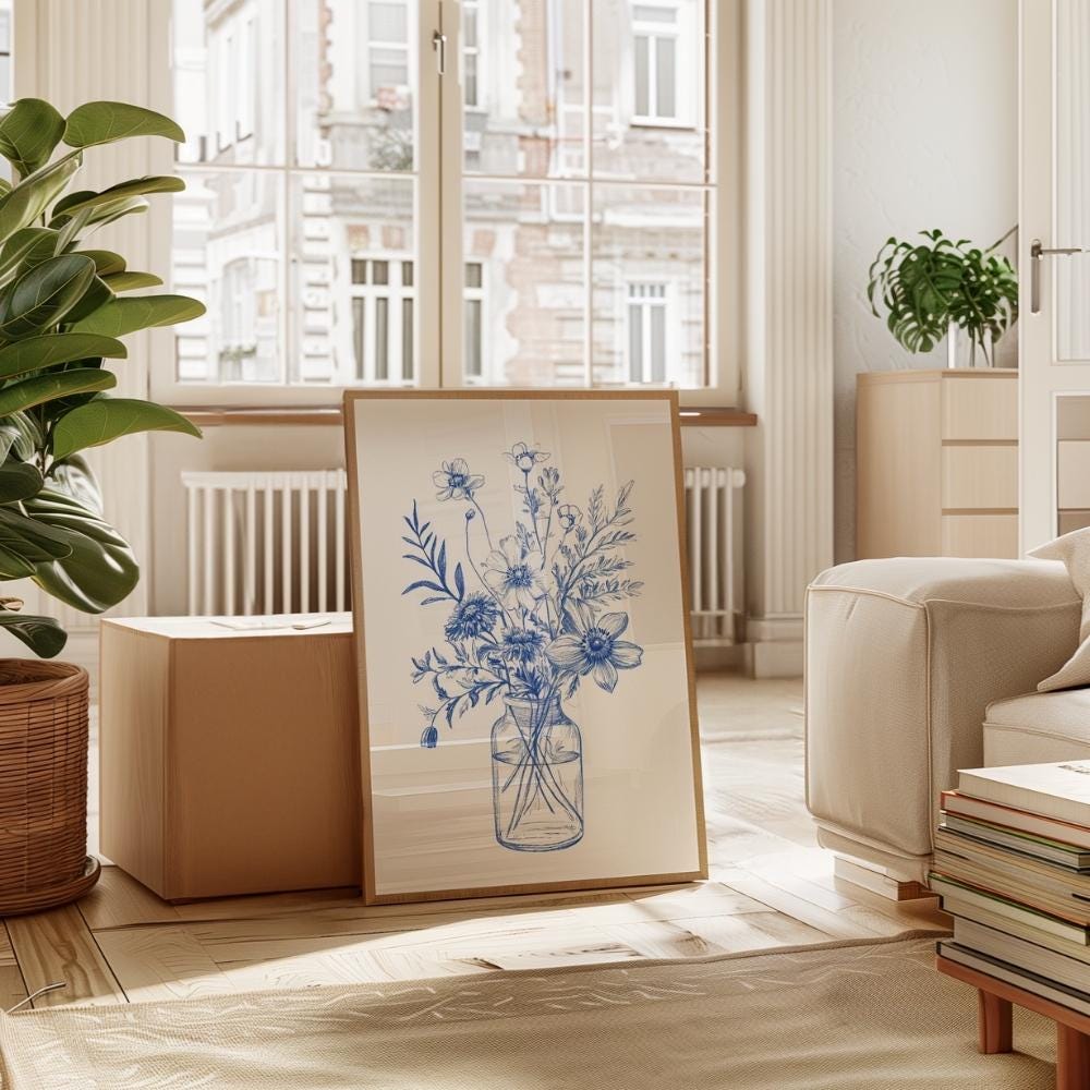 Blue Line Drawing Wildflower Vase wall art print