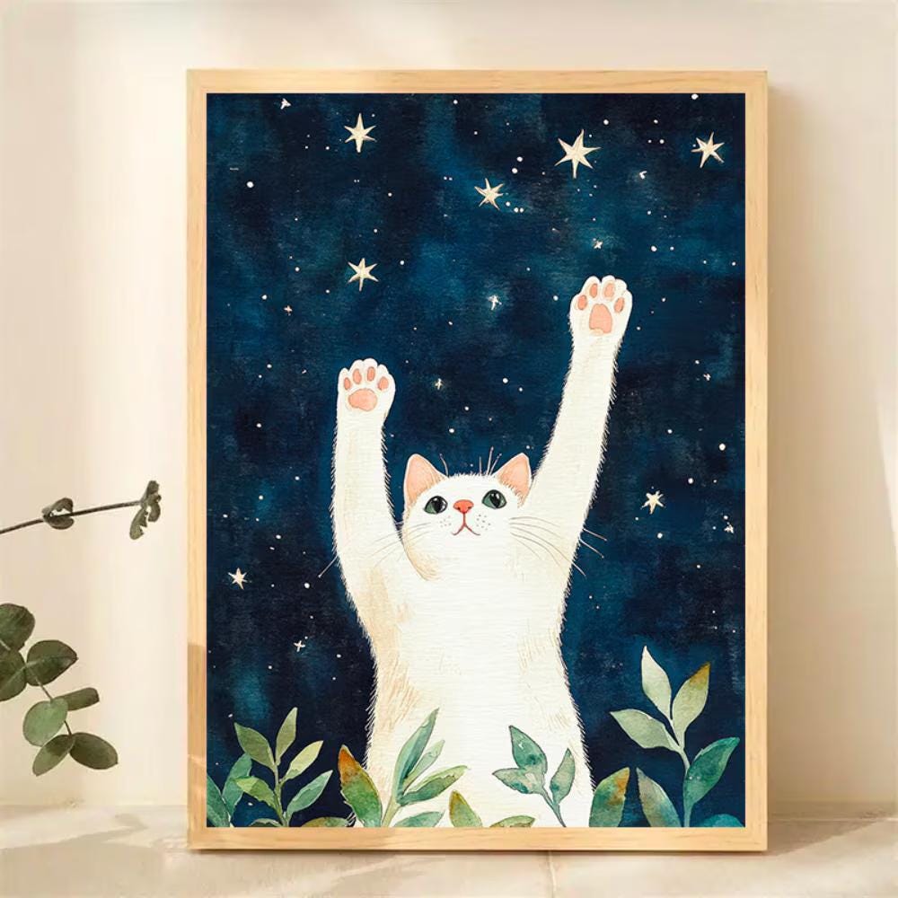 White Cat Reaching for Stars Painting wall art print