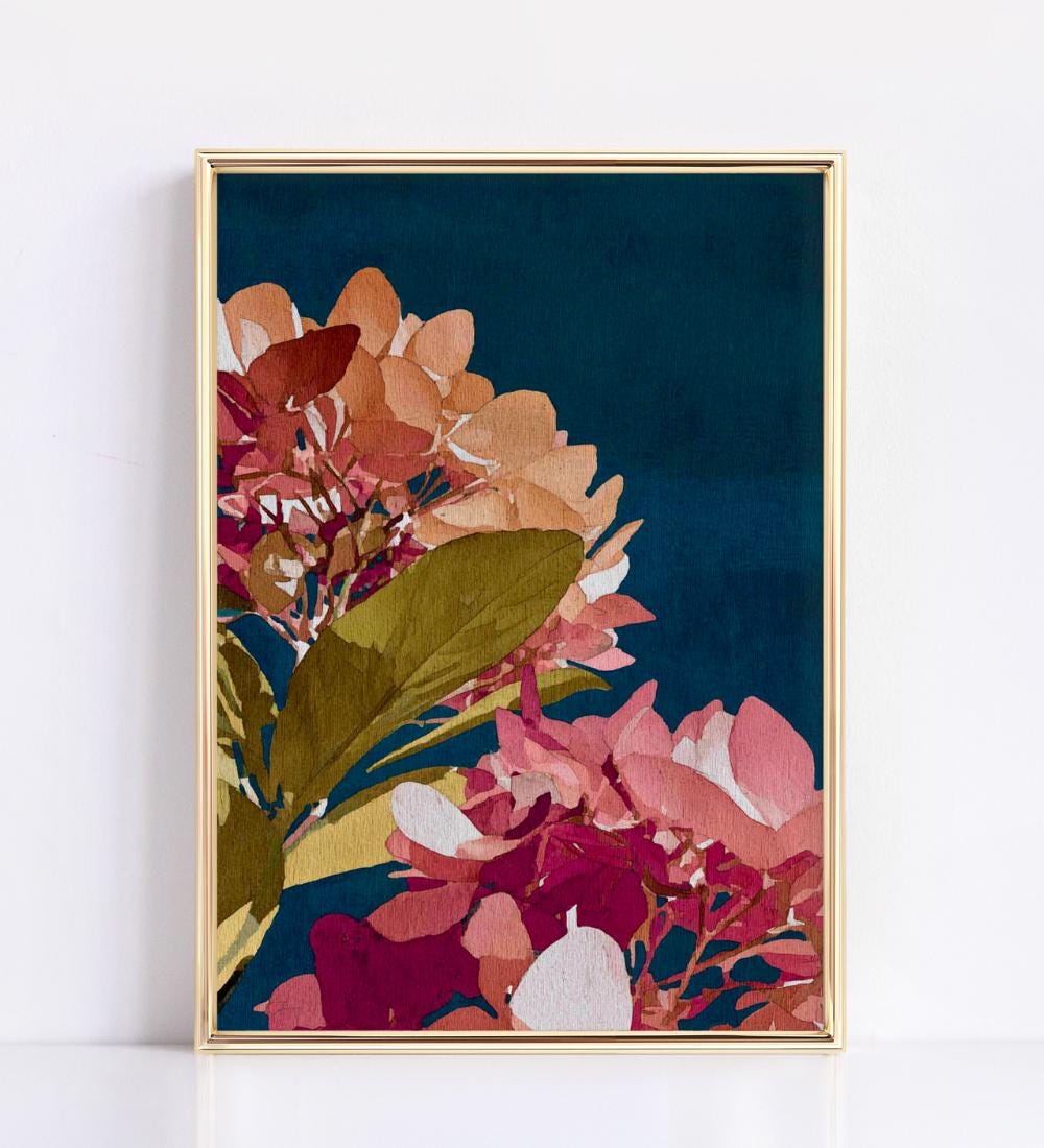 Pink Rust and Peach Hydrangea Close-Up on Dark wall art print