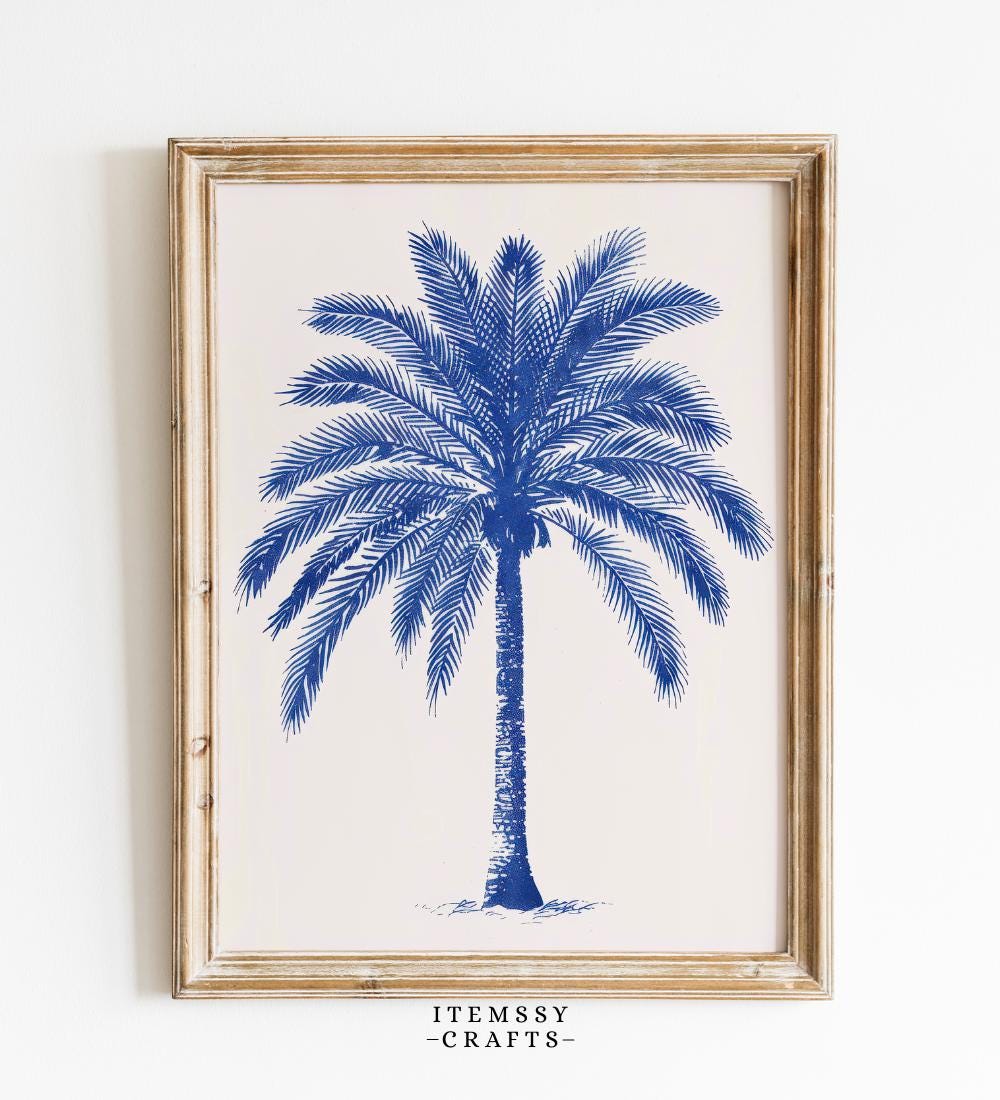 Blue Palm Tree Print | Vintage Minimal Tropical wall art print