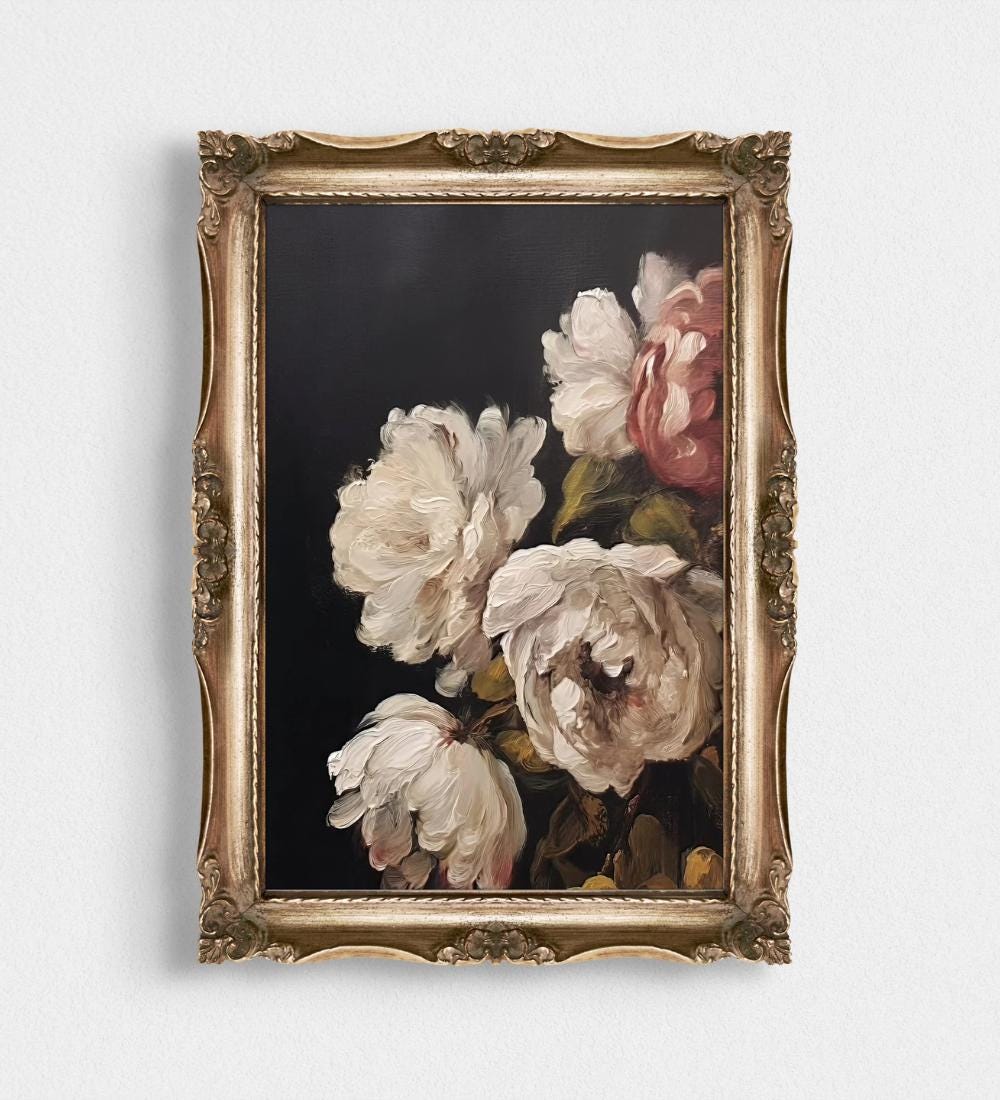 White Peony Dark Background Painting wall art print