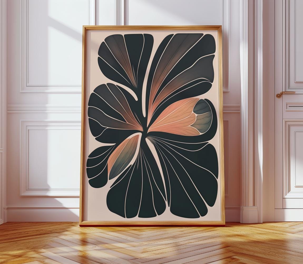 Large Abstract Dark Botanical Leaf Form on Cream wall art print