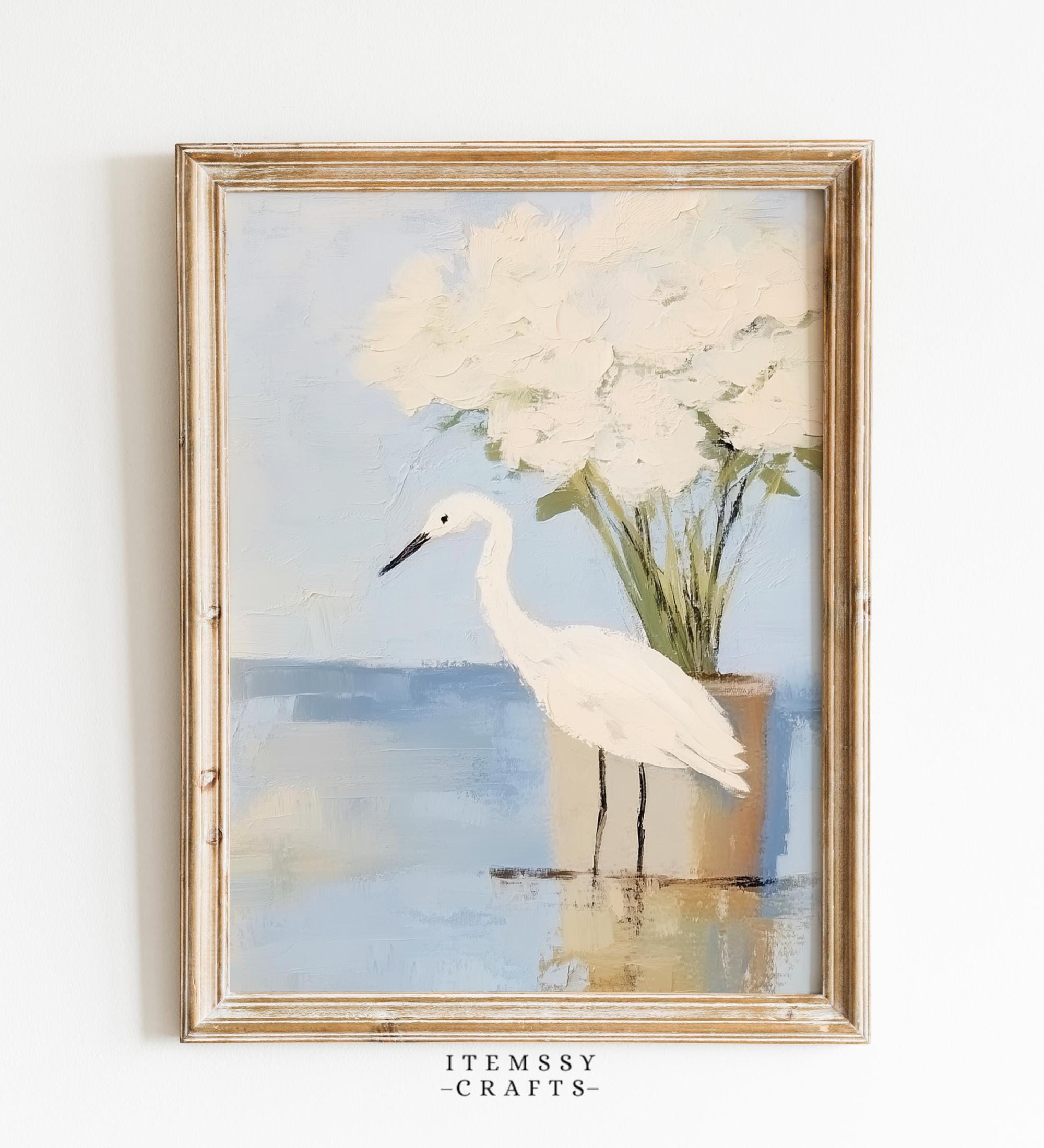 White Egret and Hydrangea Painting wall art print