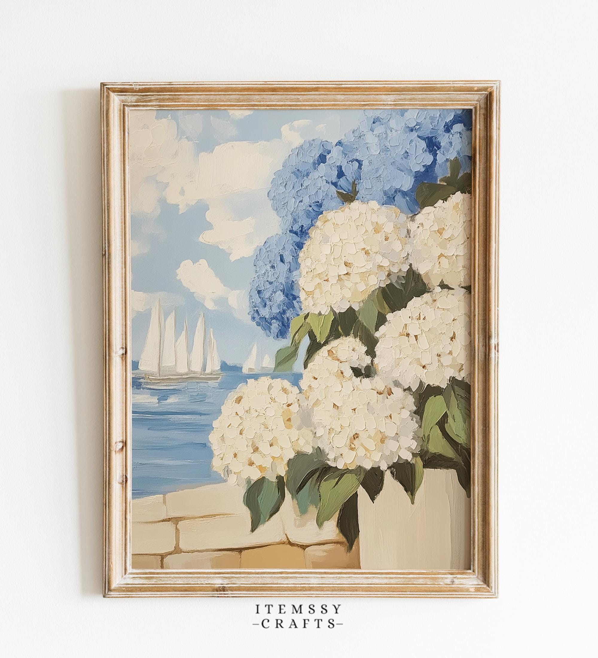 Blue and White Hydrangea Sailboat Painting wall art print