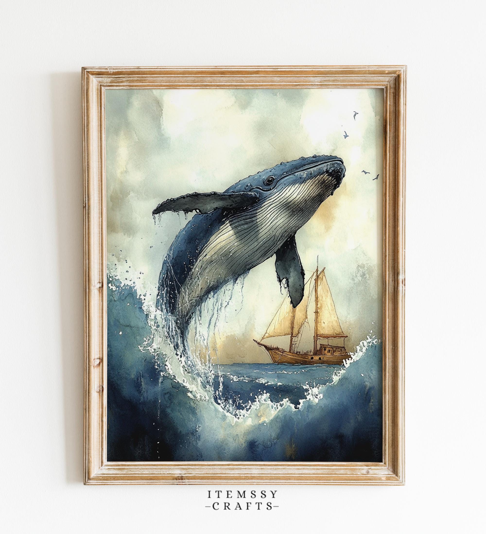 Humpback Whale Breaching Sailboat Painting wall art print
