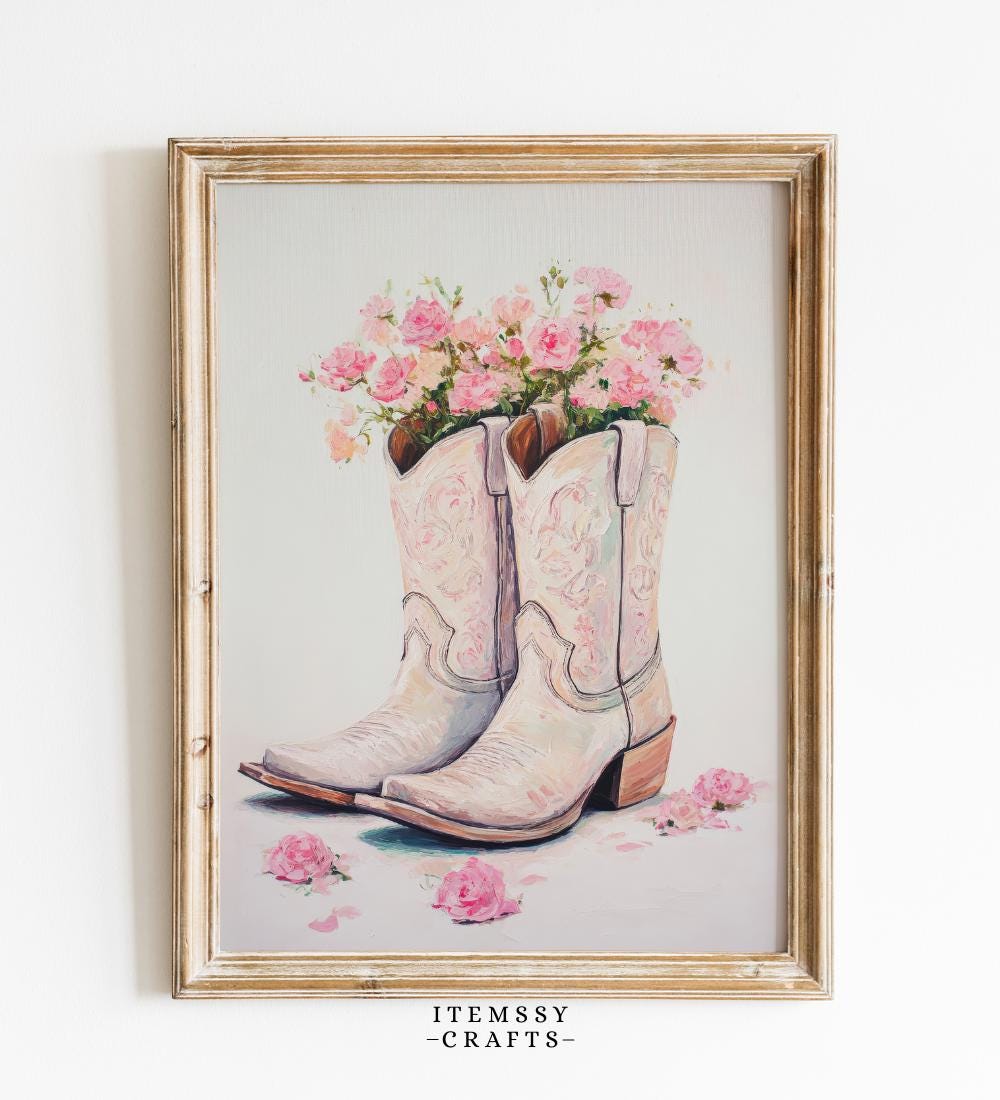 Pink Rose Cowgirl Boots Painting wall art print