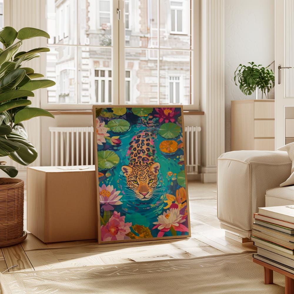 Leopard Swimming in Lotus Pond Painting wall art print