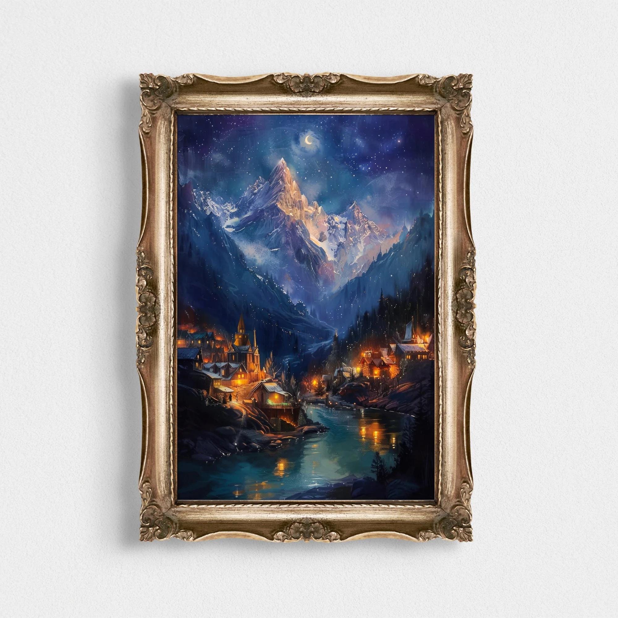 Magical Mountain Village Night Painting wall art print