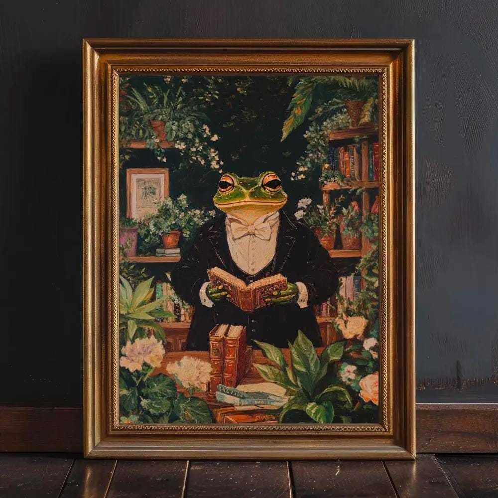Dapper Frog Reading in Library Painting wall art print