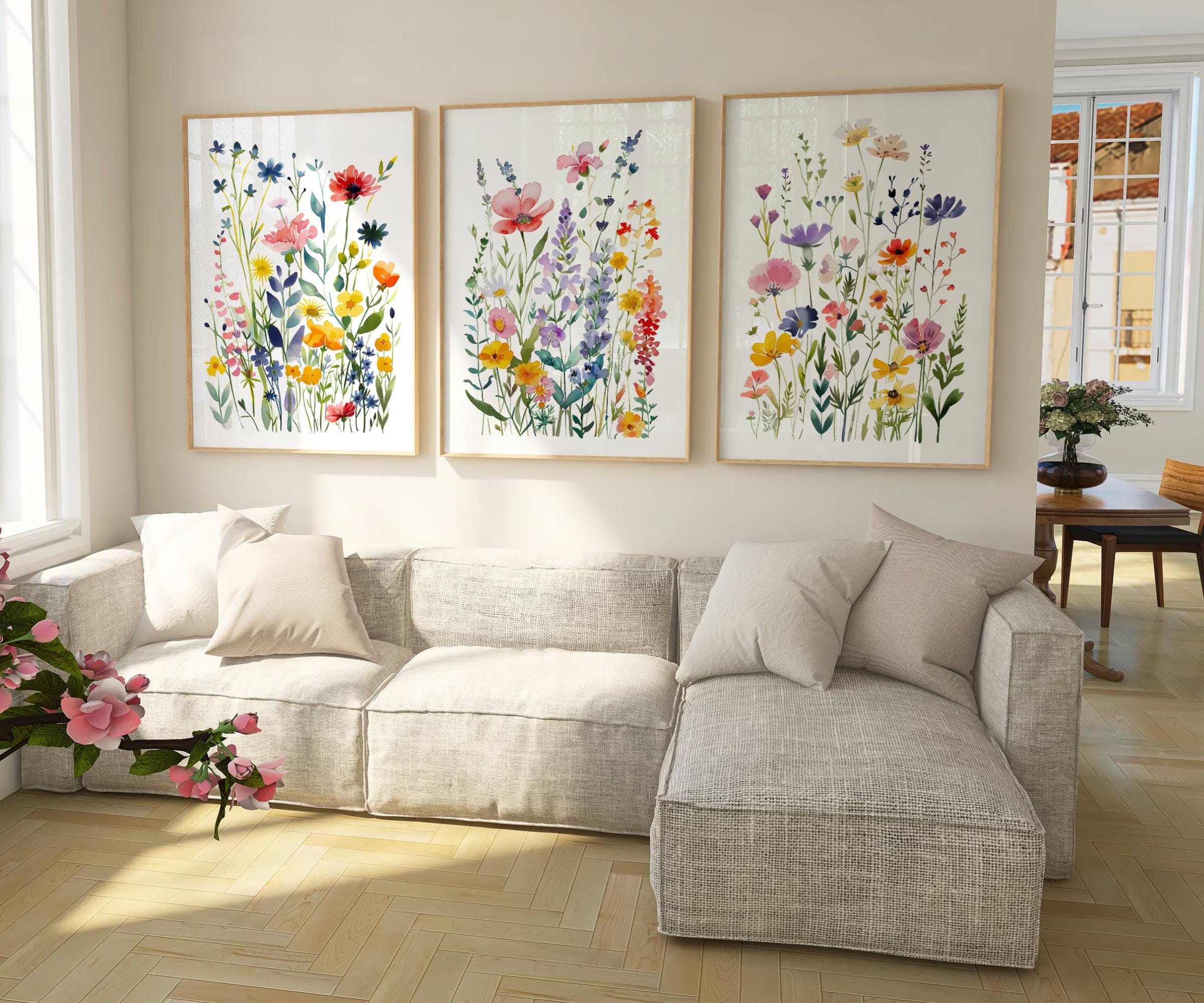 Vibrant Colorful Wildflower Art Set of 3 wall art print