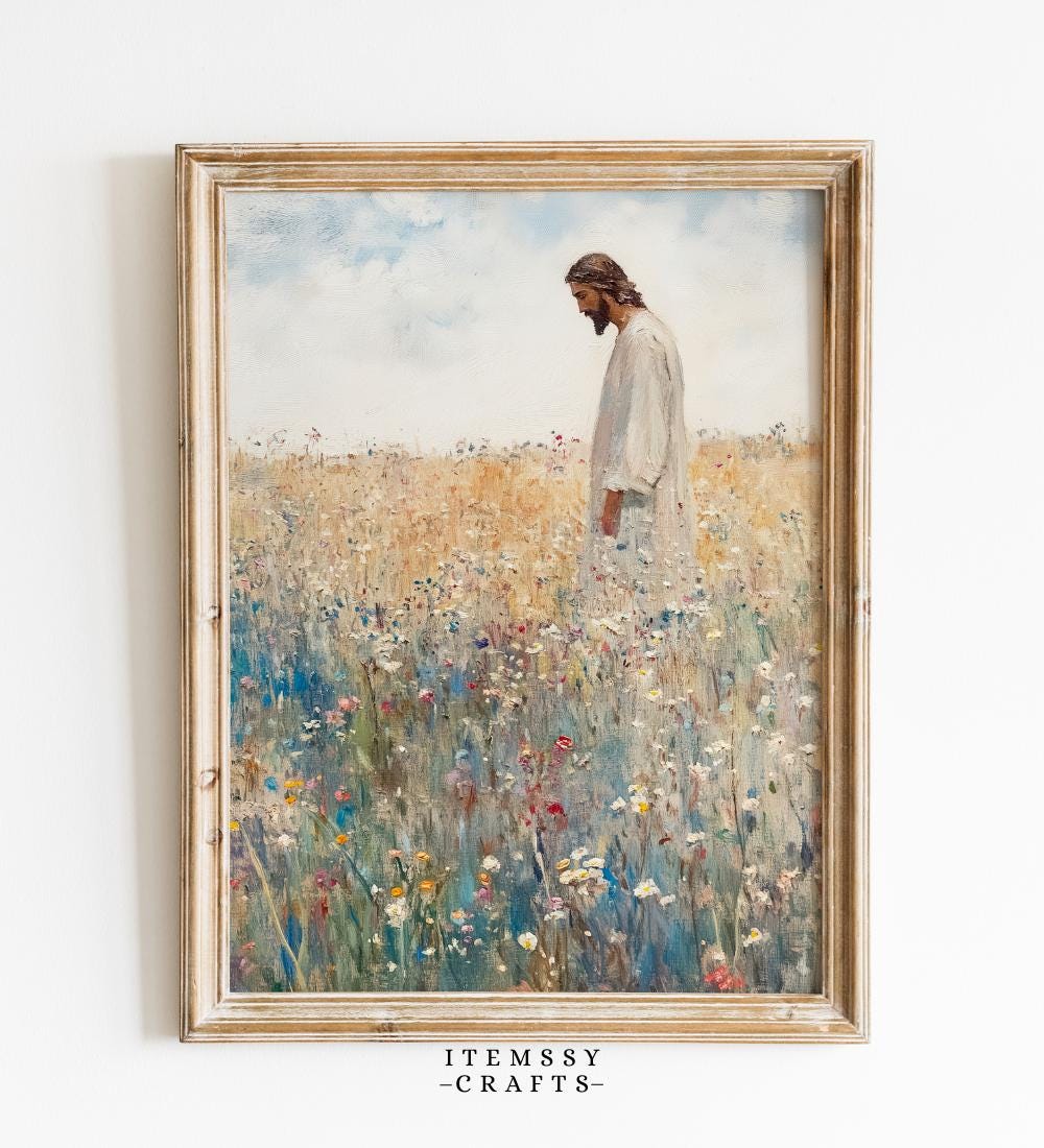 Jesus in Wildflower Field Painting wall art print
