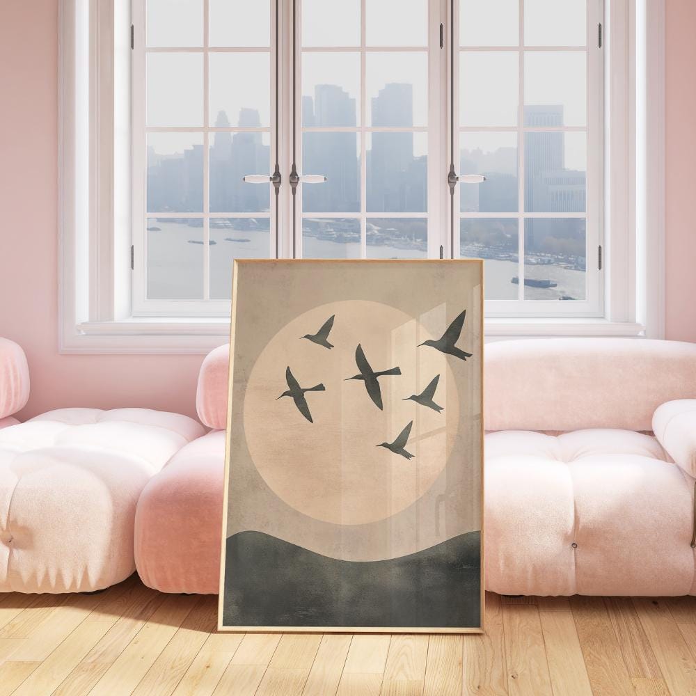 Sage Green Birds and Sun Japandi Art wall art print