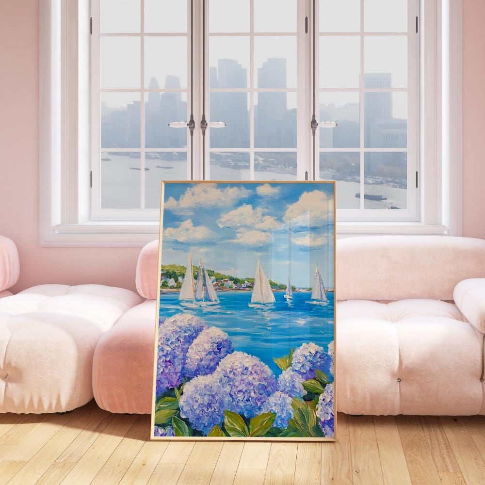 Purple Hydrangea Sailboat Painting wall art print