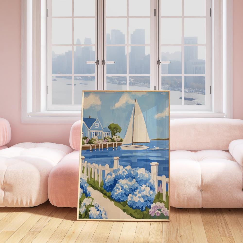 Hydrangea Sailboat Painting wall art print