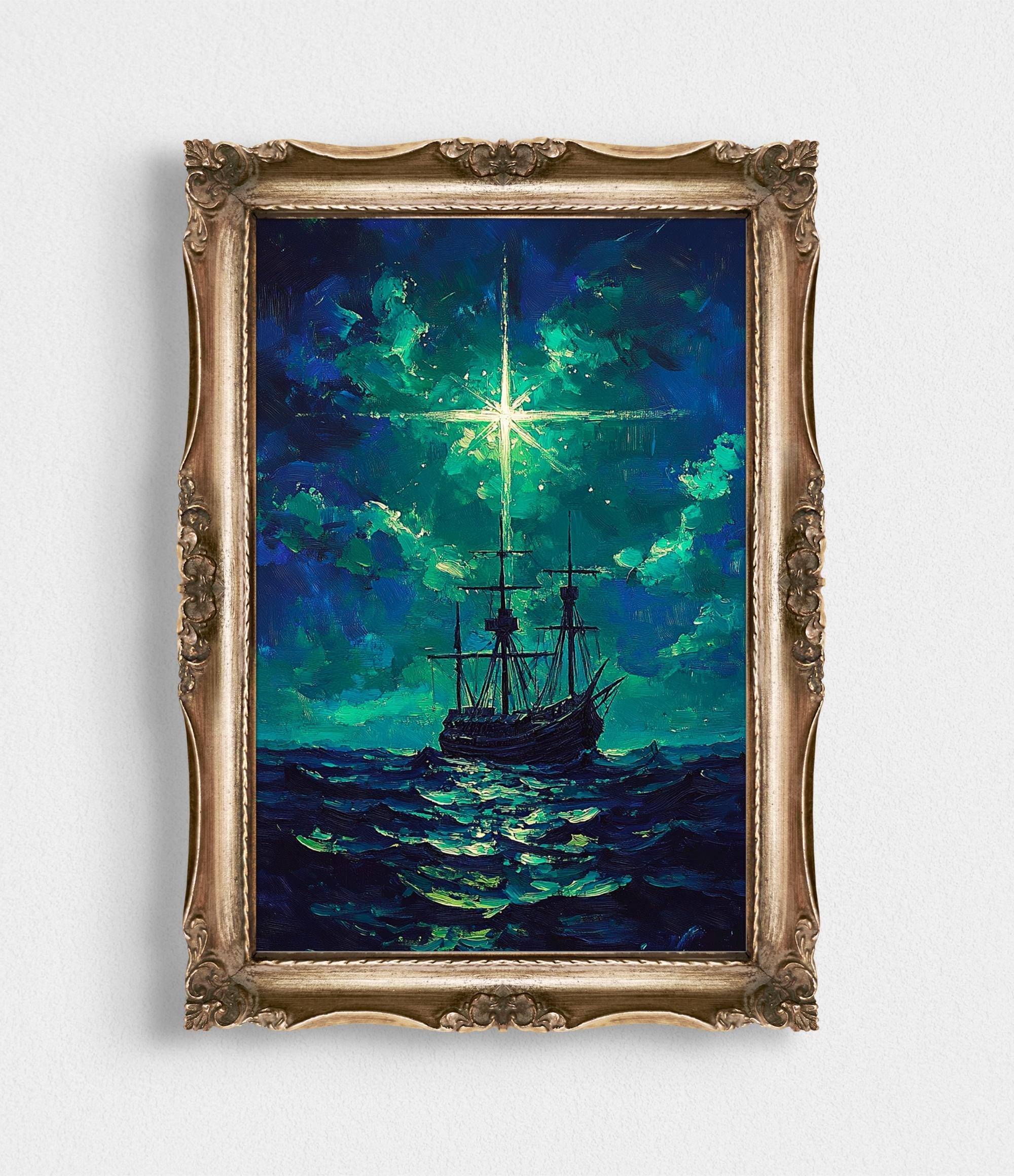 Dark Ship Painting | Moody Night Ocean Art for wall art print
