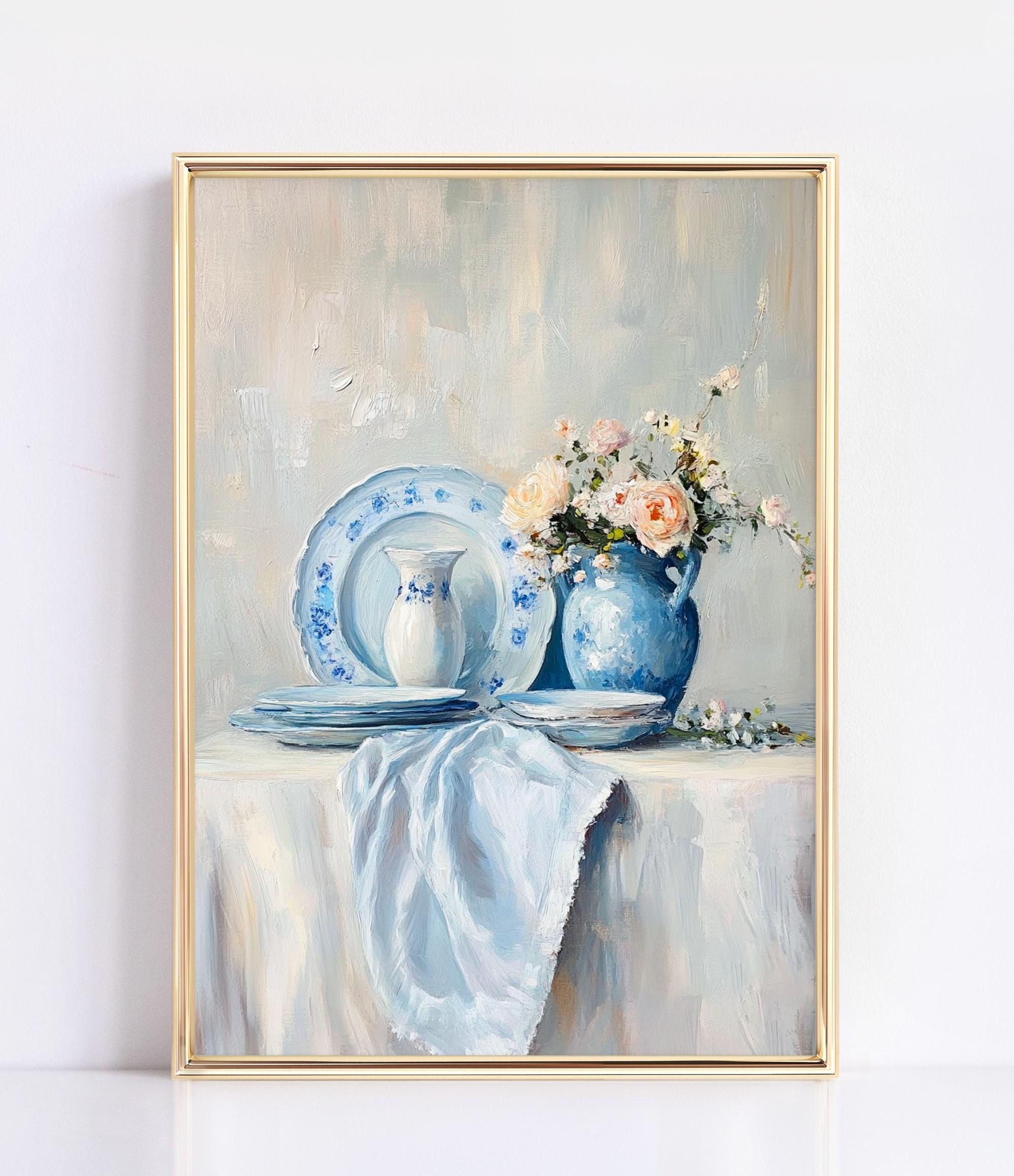 Blue and White Chinaware Still Life with Peach wall art print