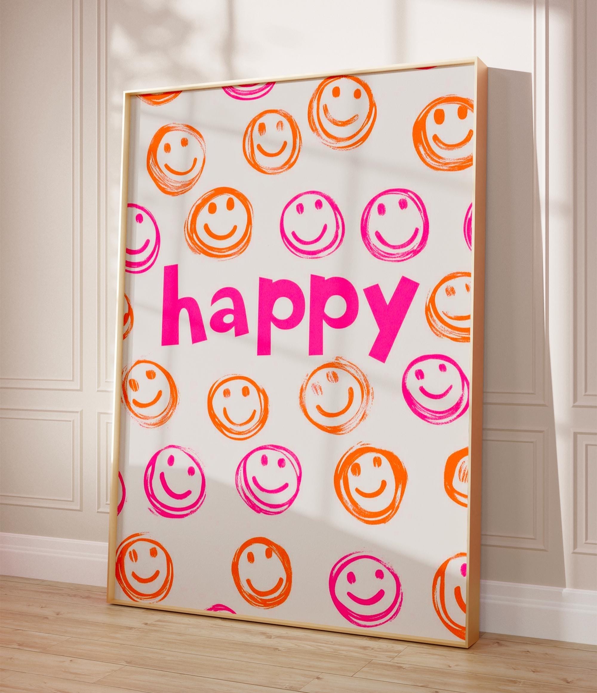 Happy Smiley Face Print Pink and Orange on Cream wall art print