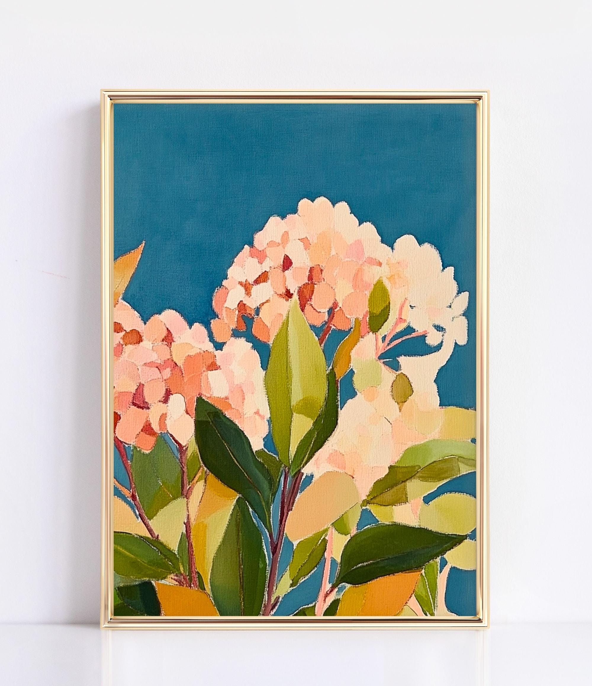 Peach and Pink Hydrangea Flower Clusters with wall art print
