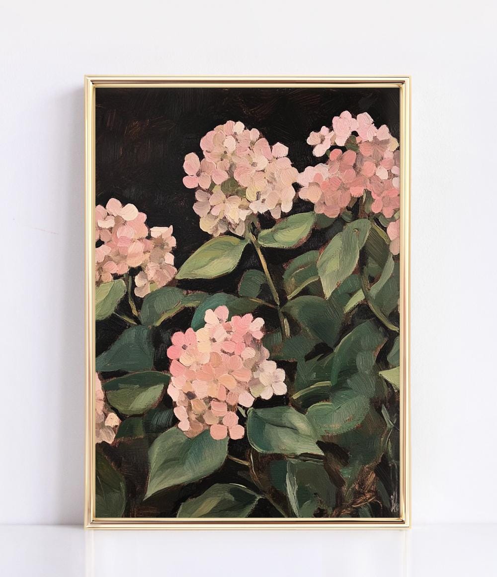 White Hydrangea Blooms on Dark Background wall art print