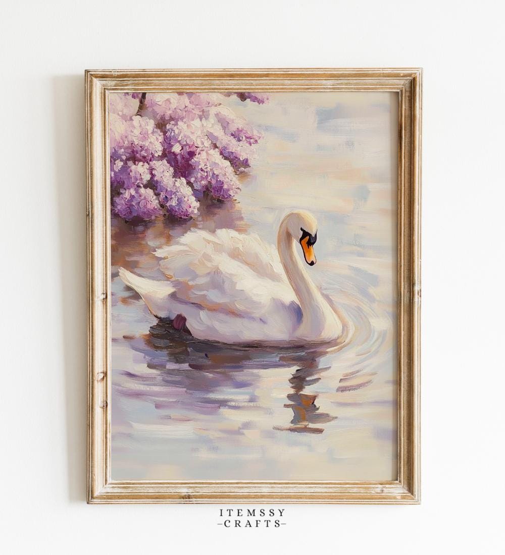 White Swan with Purple Lilac Flowers Lake Painting wall art print