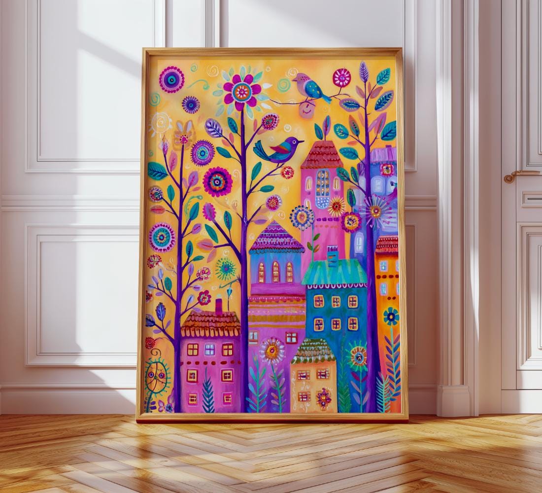 Whimsical Folk Art Village wall art print