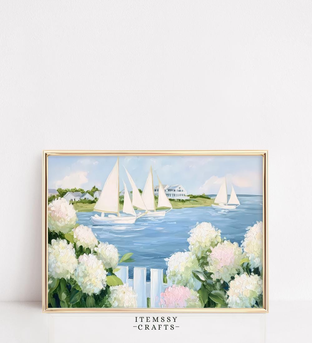 White Hydrangea Sailboat Coastal Painting wall art print