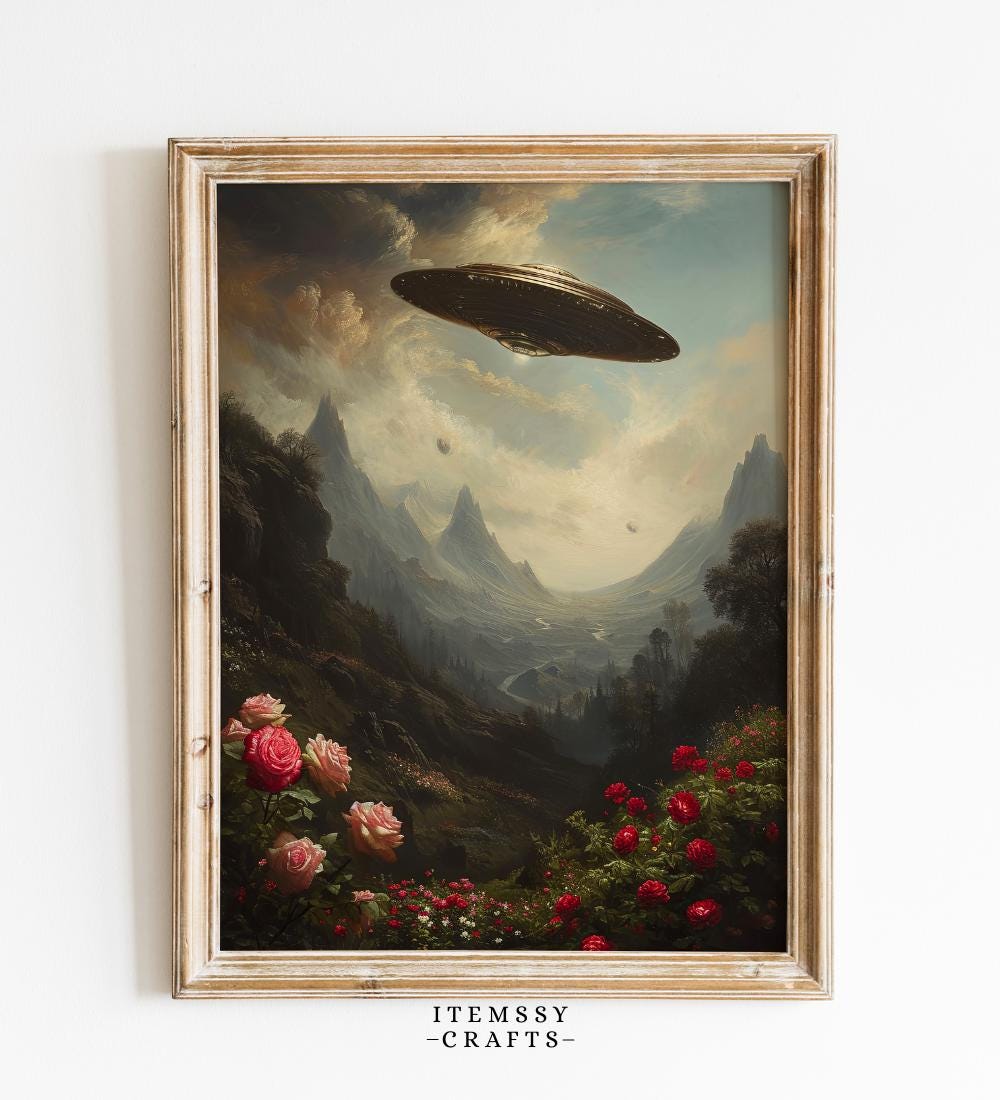 Moody UFO Wall Art – Vintage Floral Oil Style wall art print