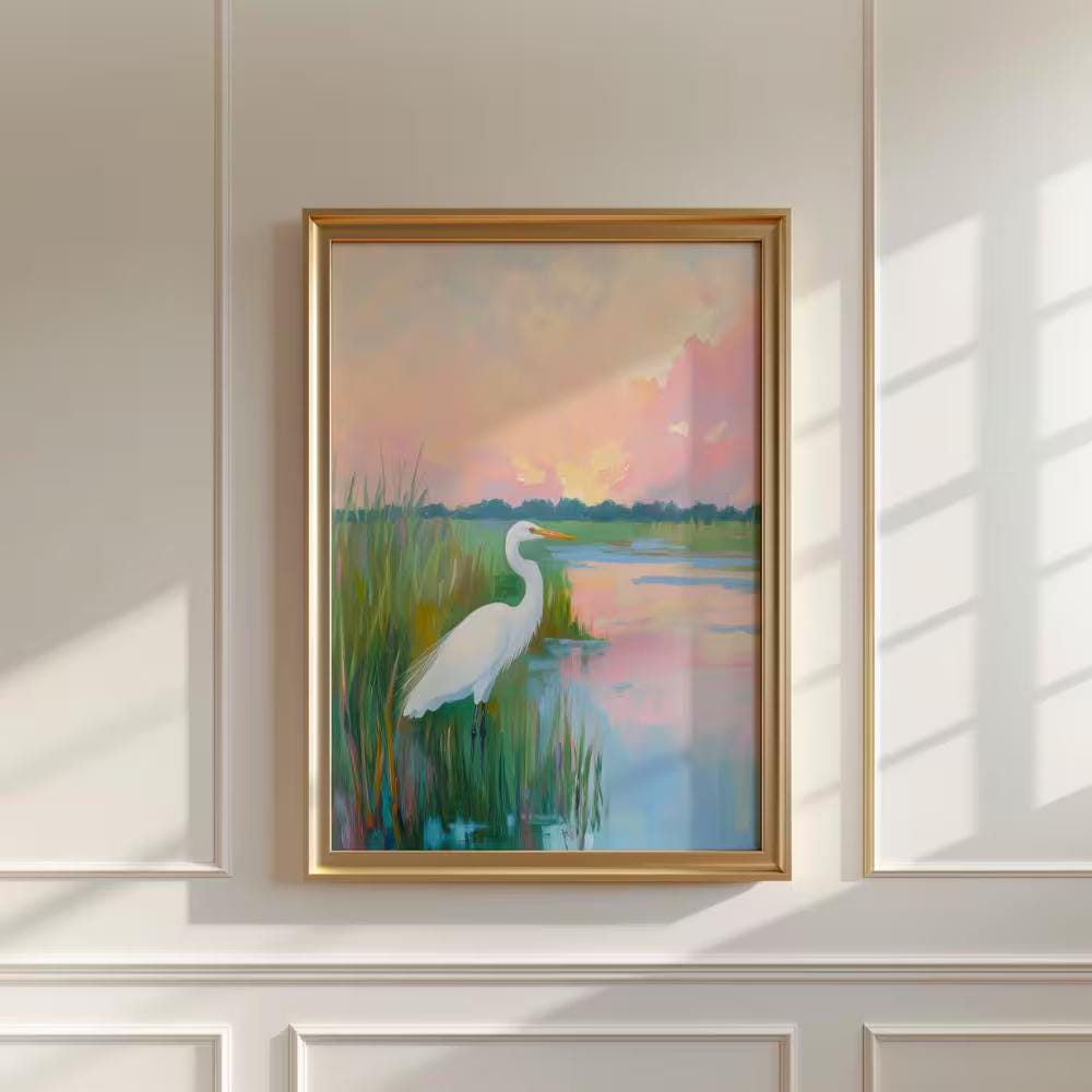 White Heron at Sunset wall art print