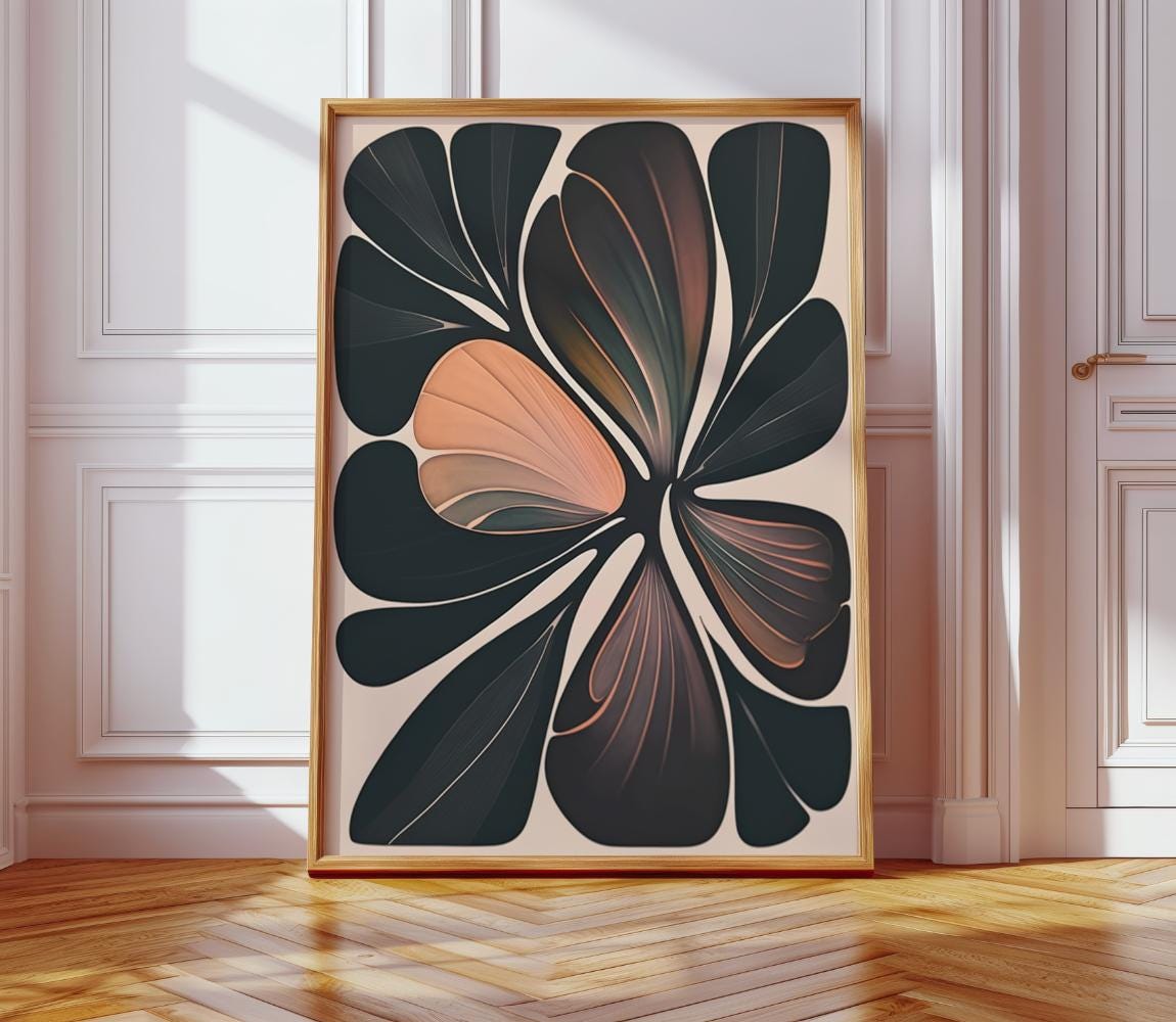Dark Abstract Organic Leaf Form on Beige wall art print