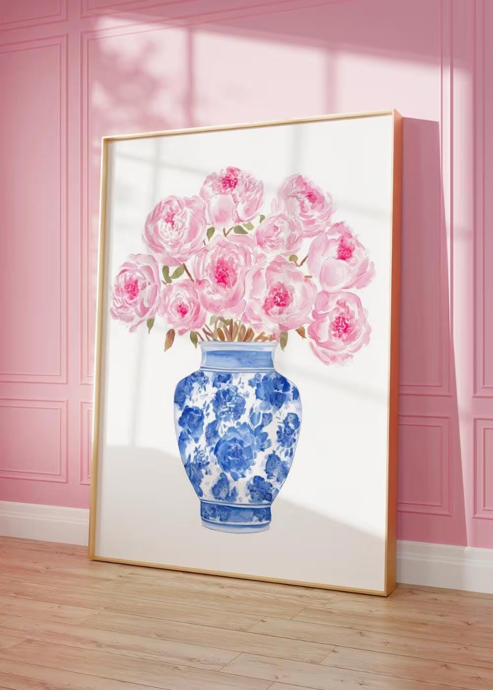 Pink Peony Chinoiserie Vase Watercolor wall art print